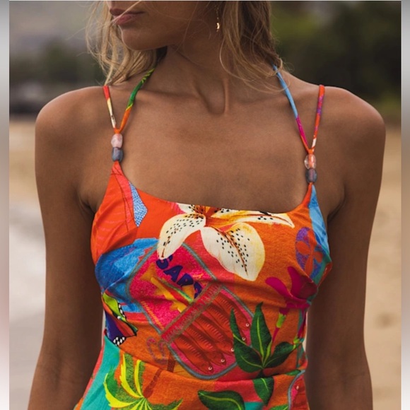 Kulani Kinis Pilila Beaded String Floral Mini Dress Havana Haven Hawaiian sz S - Picture 6 of 16